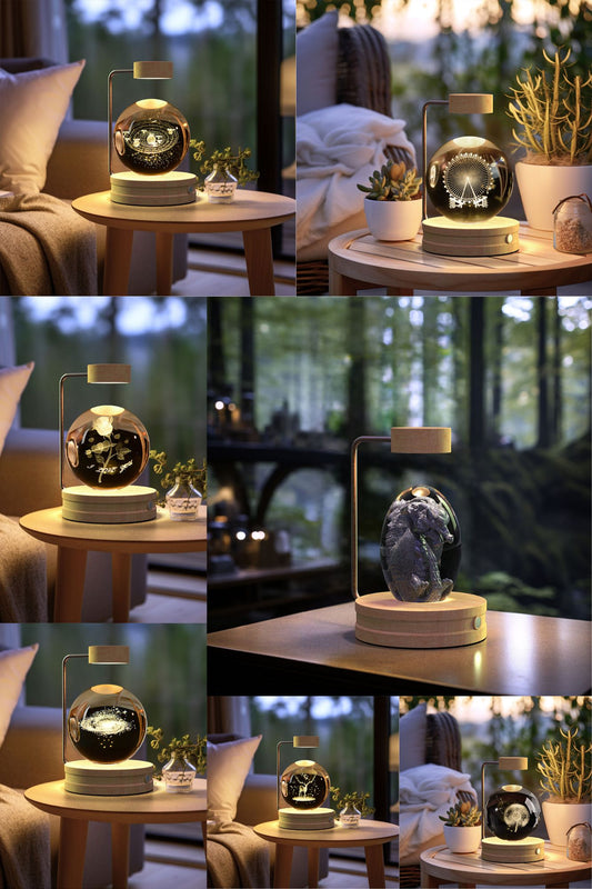 Crystal Ball Cosmic Dinosaur Night Light – USB Warm Bedside Lamp
